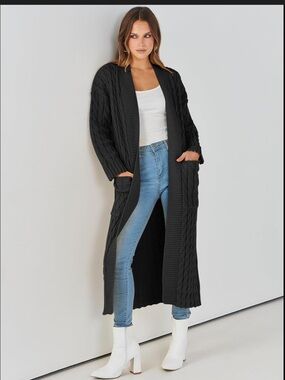 Pretty Little things Long Open-Front Cable Knit Sweater Cardigan - Black